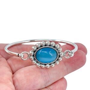 Blue Cat's Eye Bead Rope Framed Bangle Bracelet | Sterling Silver 925 | 7.75"
